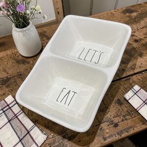 Rae Dunn NEW Divided Ceramic Dish LET'S EAT White Serve Snacks Treats Sides
